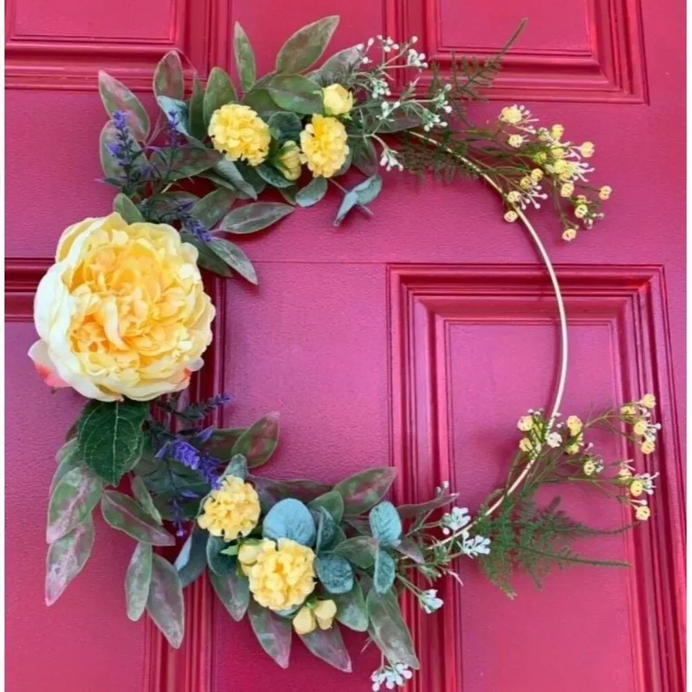 Floral Hoop Wreath: Yellow Farmhouse Decor, Gold Metal Wire